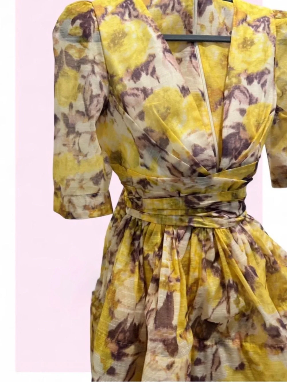 Yellow Floral V-Neck Puff Sleeve Mini Dress- Lookalike Zimmerman design dress - Picture 6 of 9